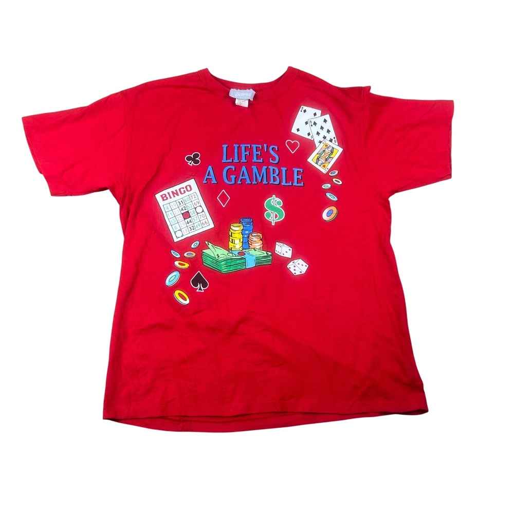 Blair Vintage Lifes A Gamble Graphic T-Shirt Mens Medium Red Made in‎ USA Casino